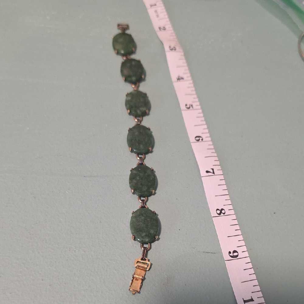 12k Gold Filled Jade Oval Link Bracelet Green 7.5 in Prong Setting